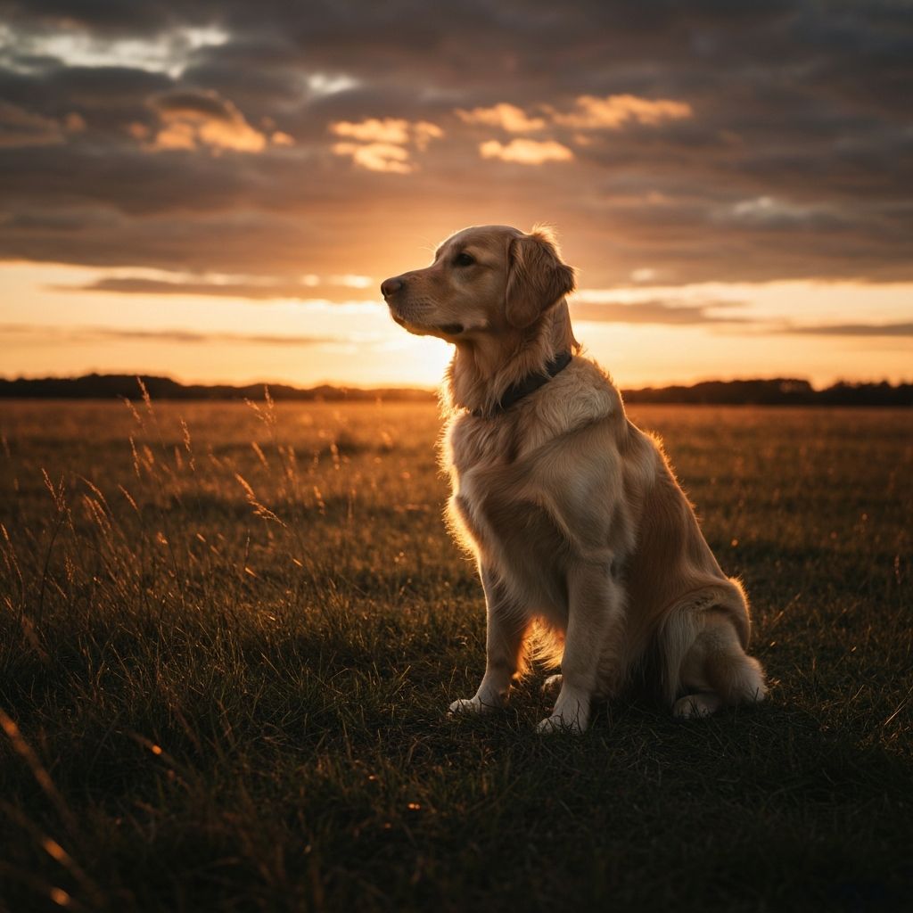 Trained retriever at golden hour in open field